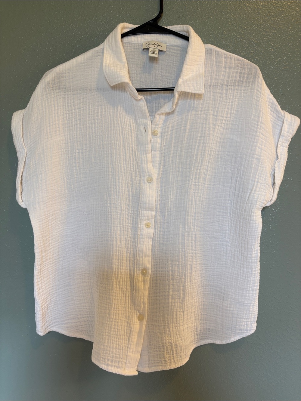 Jessica Simpson White Short-Sleeve Button-Down Gauze Shirt | M| - Picture 2 of 6